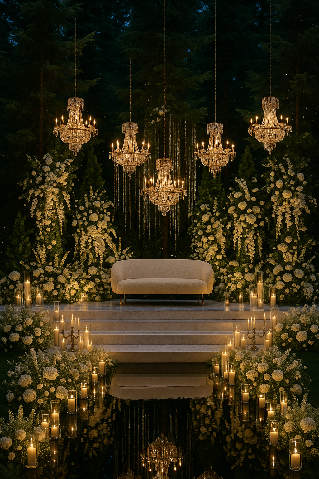 Grand outdoor stage with multiple chandeliers, white floral towers, and candles